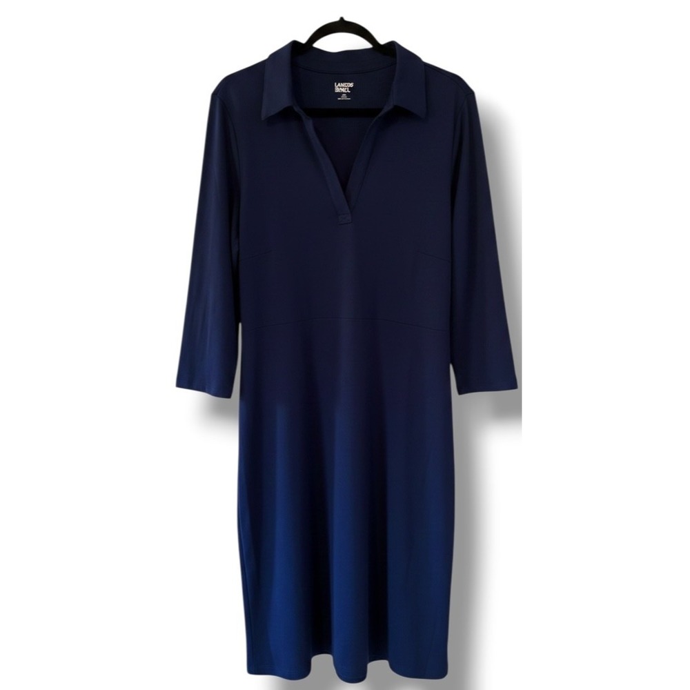 Lands End Plus Size 2X 20W 22W Navy Blue Knit Polo Shirt Dress 3/4 Sleeve